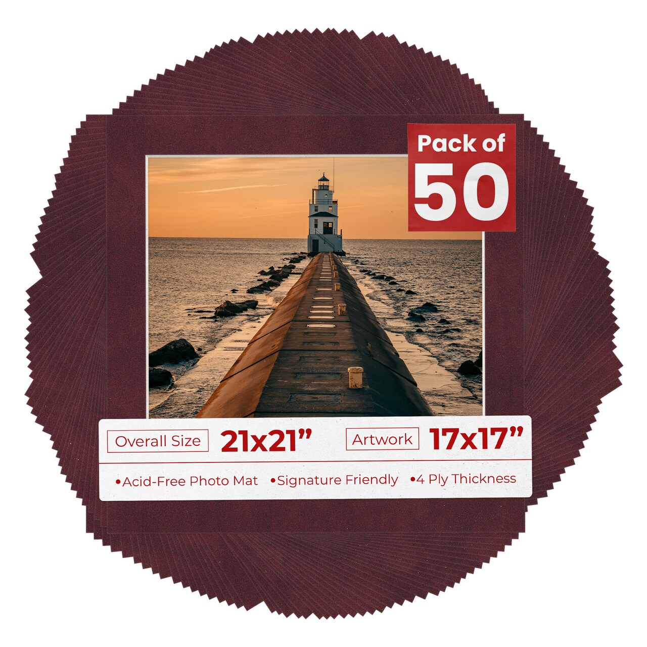 Dark Red Suede Mat Board for 21x21 Frames - Fits 17x17 Photos